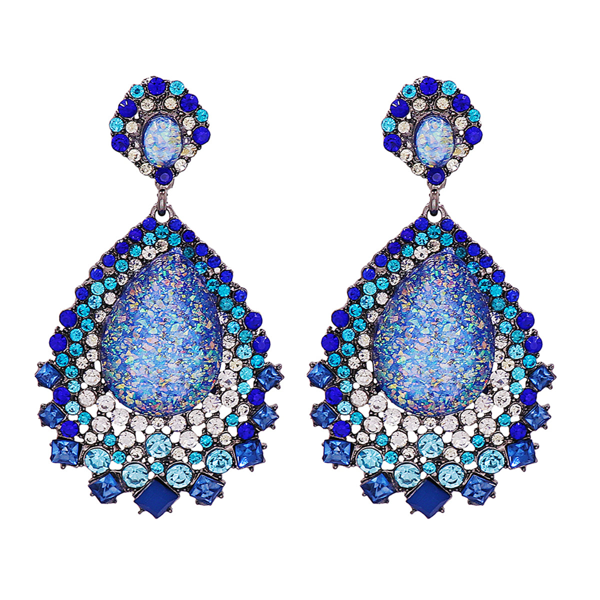 Blue Cubic Zirconia and Crystal Geometric Teardrop Earrings, drop earrings for women, elegant gift for her, side view