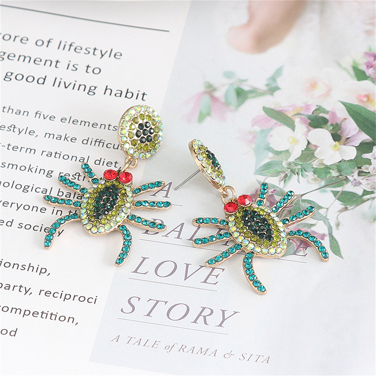 Green Cubic Zirconia and 18K Gold-Plated Spider Drop Earring, gold drop earrings for women, elegant gift for her, side view