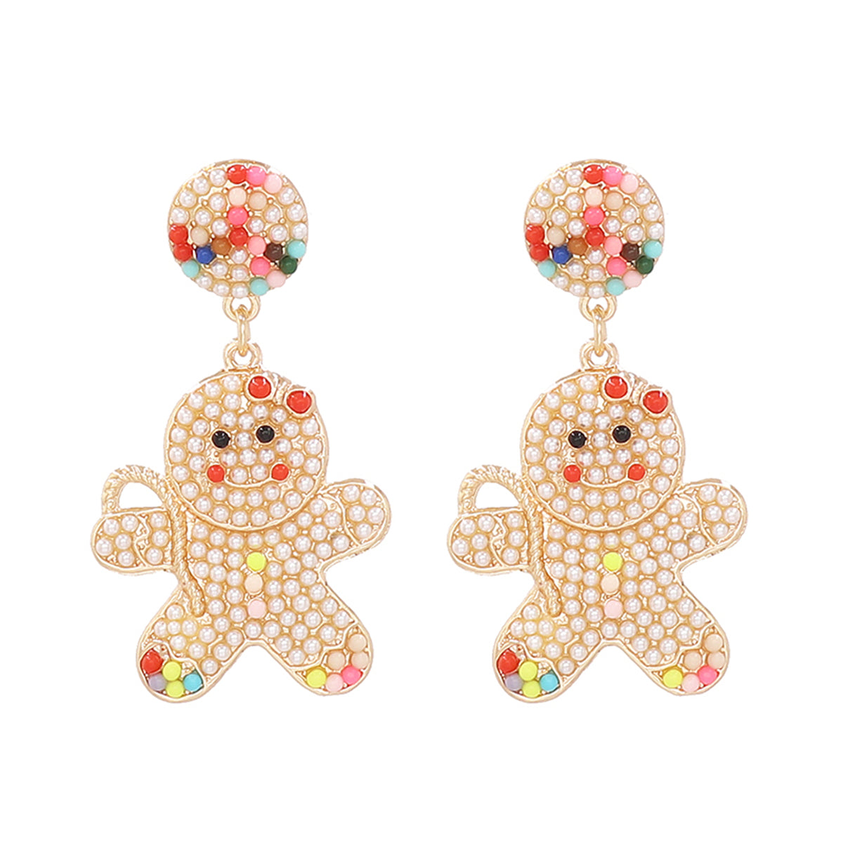 Pearl and 18K Gold-Plated Gingerbread Man Drop Earrings, gold drop earrings for women, elegant gift for her, front view