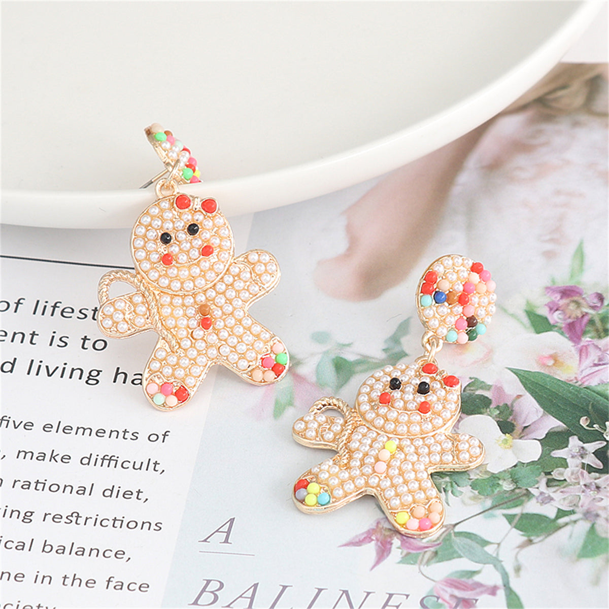 Pearl and 18K Gold-Plated Gingerbread Man Drop Earrings, gold drop earrings for women, elegant gift for her, lifestyle look