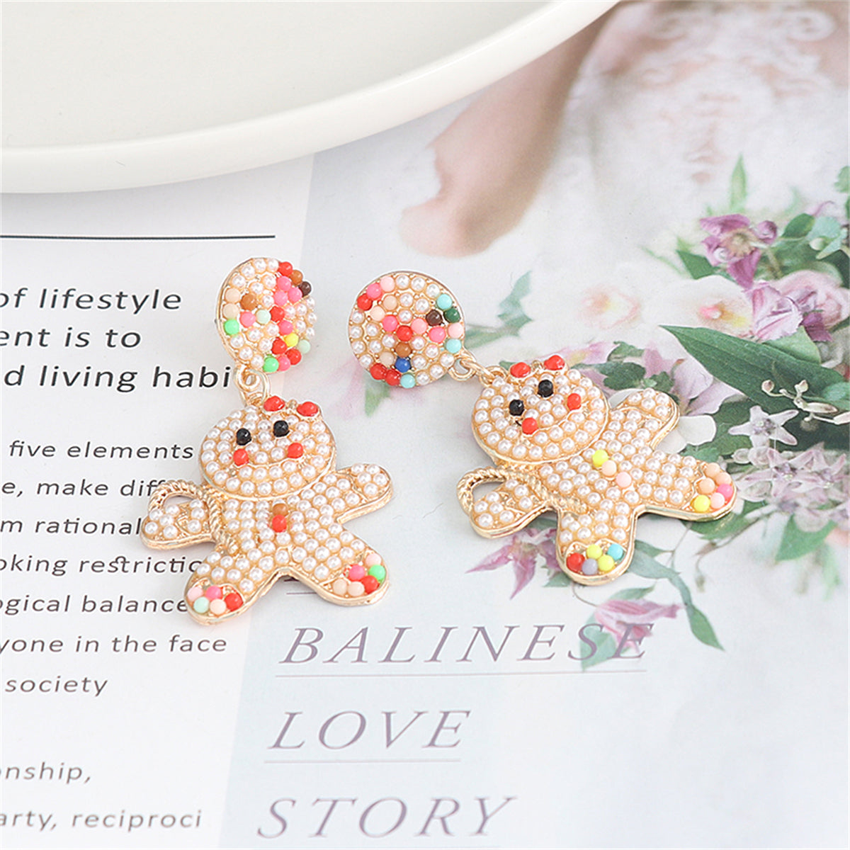 Pearl and 18K Gold-Plated Gingerbread Man Drop Earrings, gold drop earrings for women, elegant gift for her, side view
