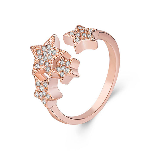 Cubic Zirconia and 18K Rose Gold-Plated Stars Adjustable Ring, rose gold statement rings for women, front view