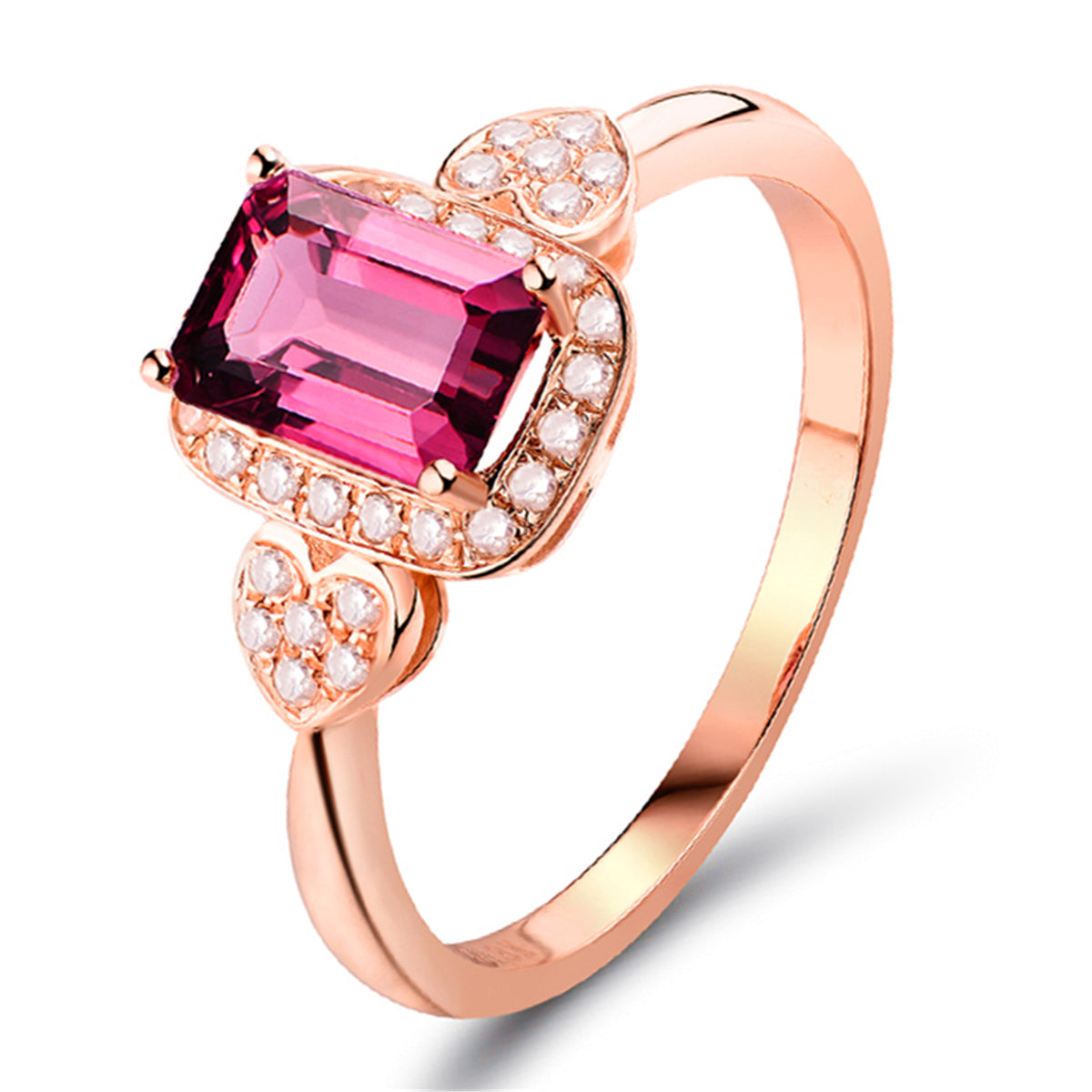 Red Cubic Zirconia and Crystal Heart Halo Ring, statement rings for women, botanical inspired, front view