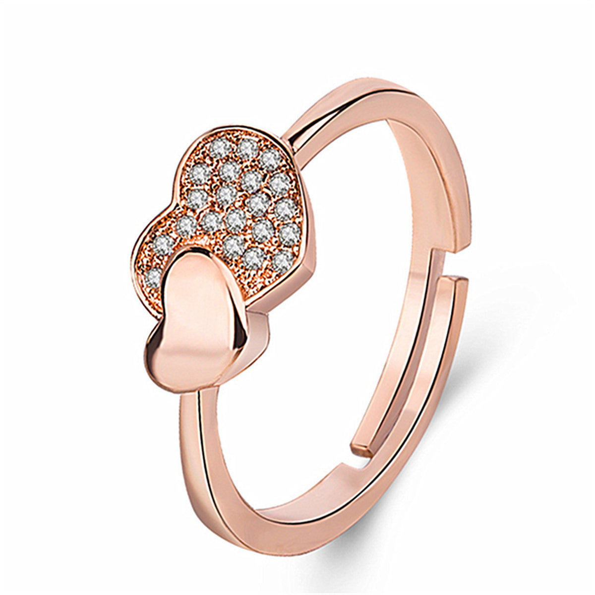 18K Rose Gold-Plated Cubic Zirconia Heart Adjustable Ring, rose gold statement rings for women, front view