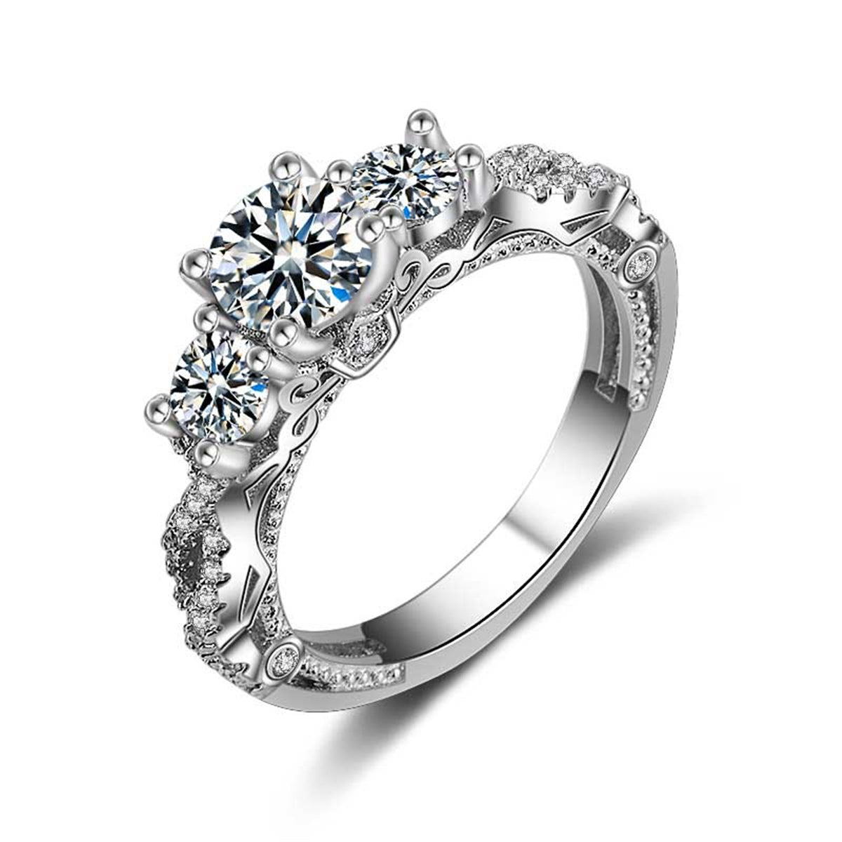 Crystal and Cubic Zirconia Three-Link Ring, statement rings for women, botanical inspired, front view