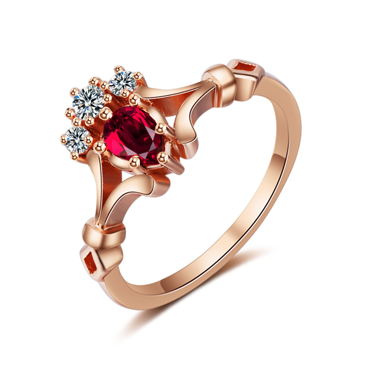 Red Crystal and Cubic Zirconia Crown Ring, statement rings for women, botanical inspired, front view
