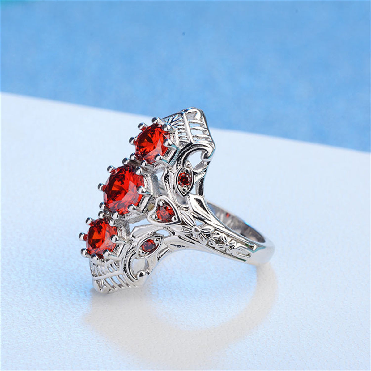 Cubic Zirconia and Red Crystal Shield Ring, statement rings for women, dainty minimalist design, detail close-up