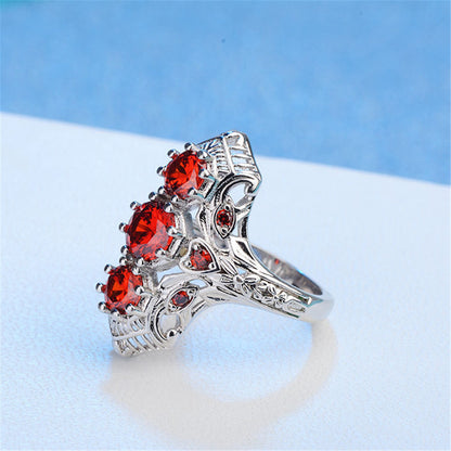 Cubic Zirconia and Red Crystal Shield Ring, statement rings for women, dainty minimalist design, detail close-up