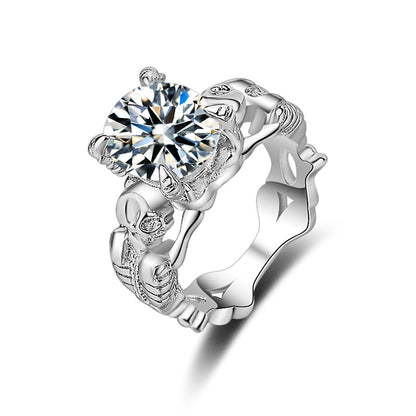 Crystal and Silver-Plated Ornate Oval-Cut Prong-Set Ring, silver statement rings for women, elegant gift for her, front view