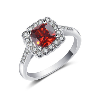 Red Crystal and Cubic Zirconia Cushion-Cut Ring, statement rings for women, everyday style, front view