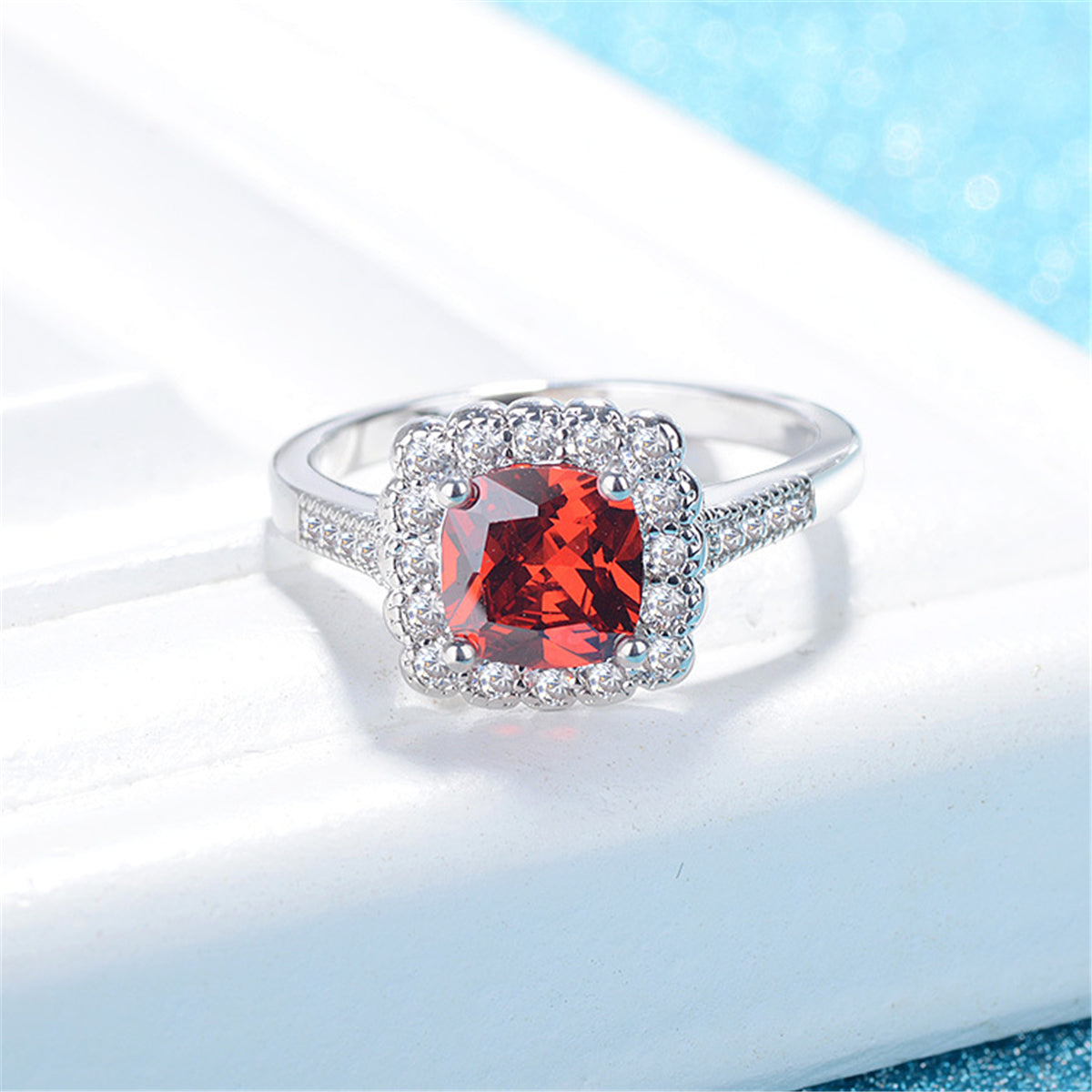 Red Crystal and Cubic Zirconia Cushion-Cut Ring, statement rings for women, everyday style, detail close-up