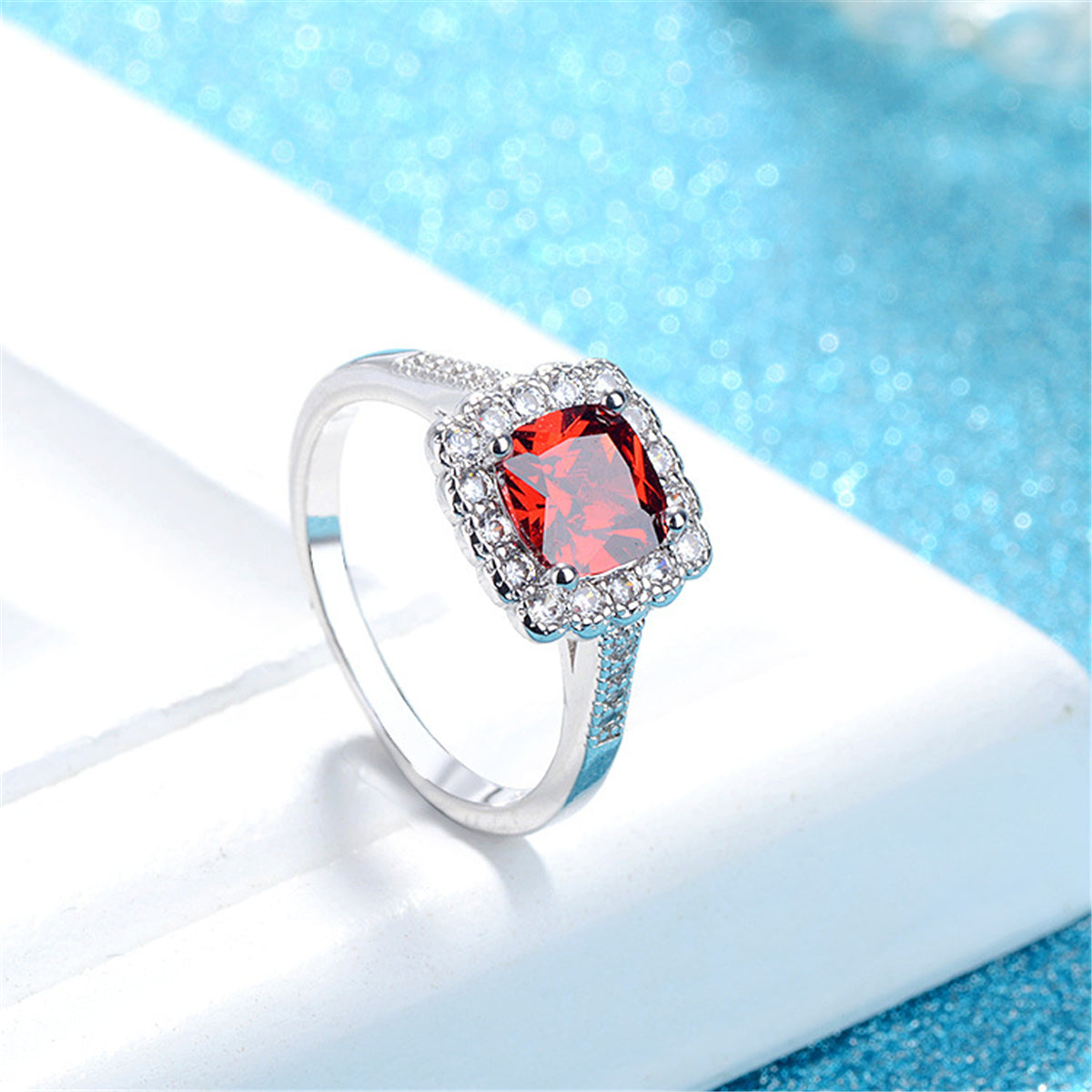 Red Crystal and Cubic Zirconia Cushion-Cut Ring, statement rings for women, everyday style, lifestyle look