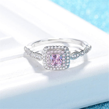 Pink Cushion Crystal and Cubic Zirconia Halo Ring, statement rings for women, elegant gift for her, front view