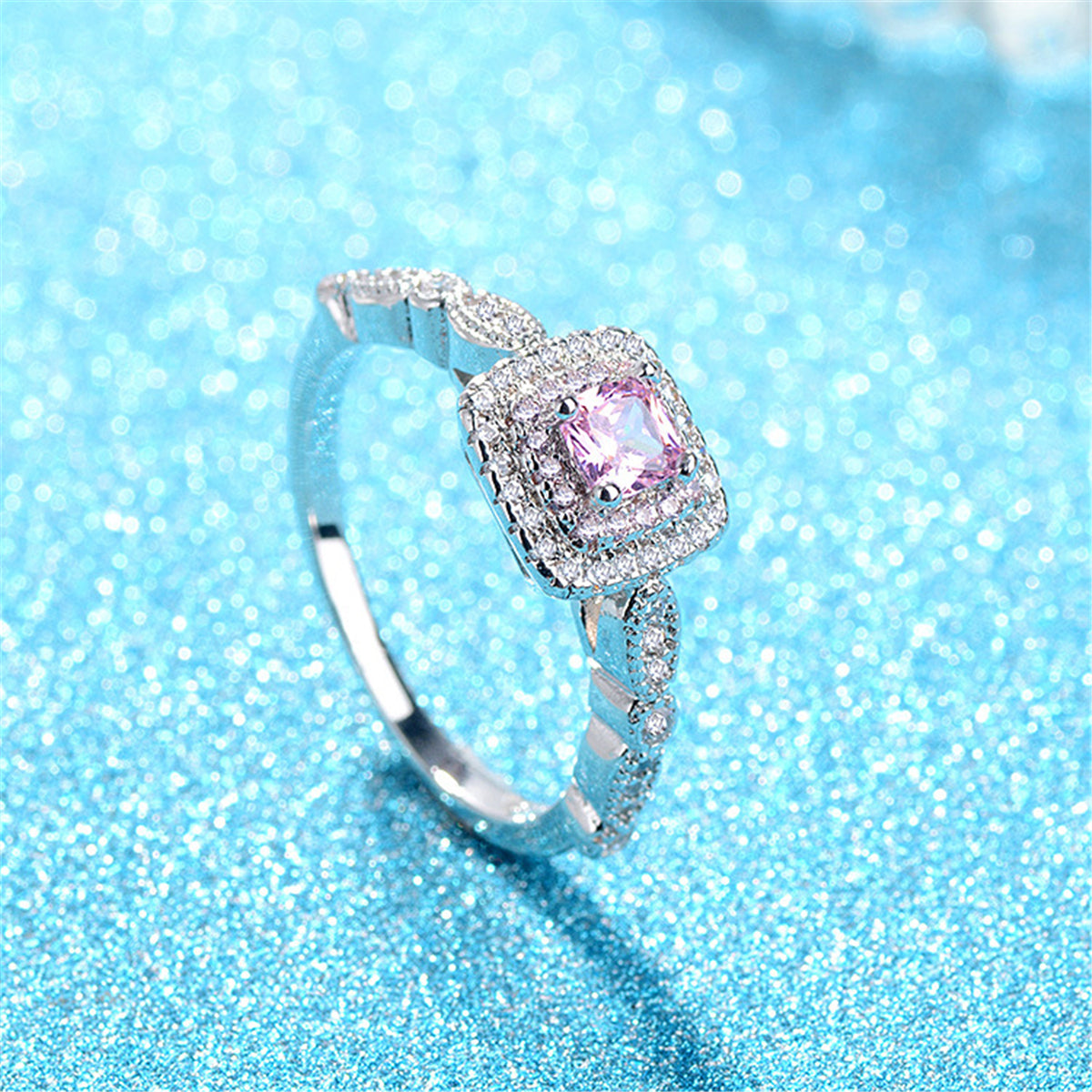 Pink Cushion Crystal and Cubic Zirconia Halo Ring, statement rings for women, elegant gift for her, detail close-up