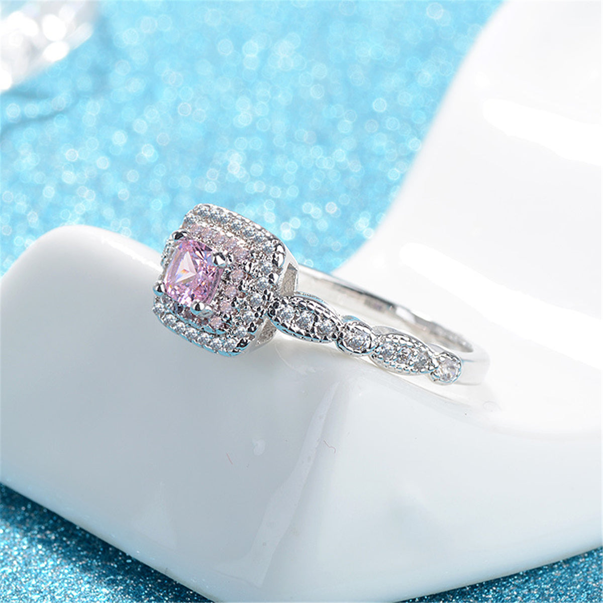 Pink Cushion Crystal and Cubic Zirconia Halo Ring, statement rings for women, elegant gift for her, styled look