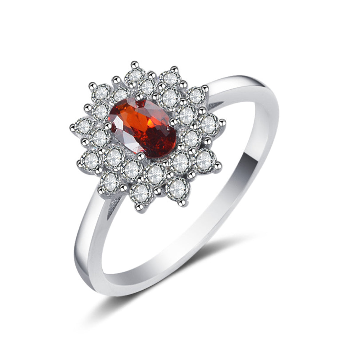 Red Crystal and Cubic Zirconia Floral Ring, statement rings for women, vintage-inspired design, front view