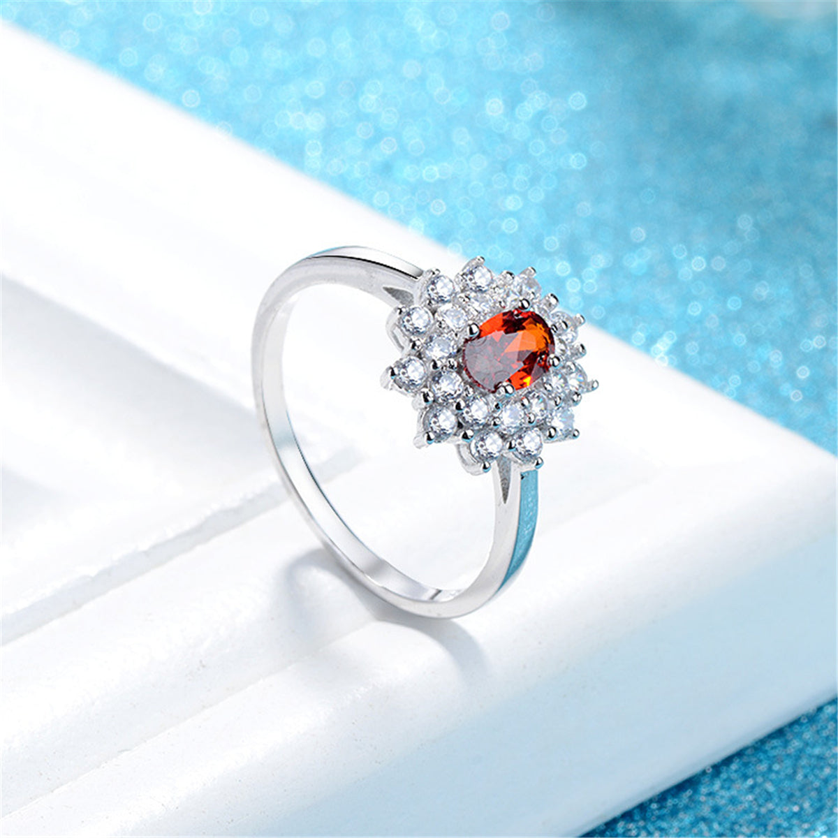 Red Crystal and Cubic Zirconia Floral Ring, statement rings for women, vintage-inspired design, detail close-up