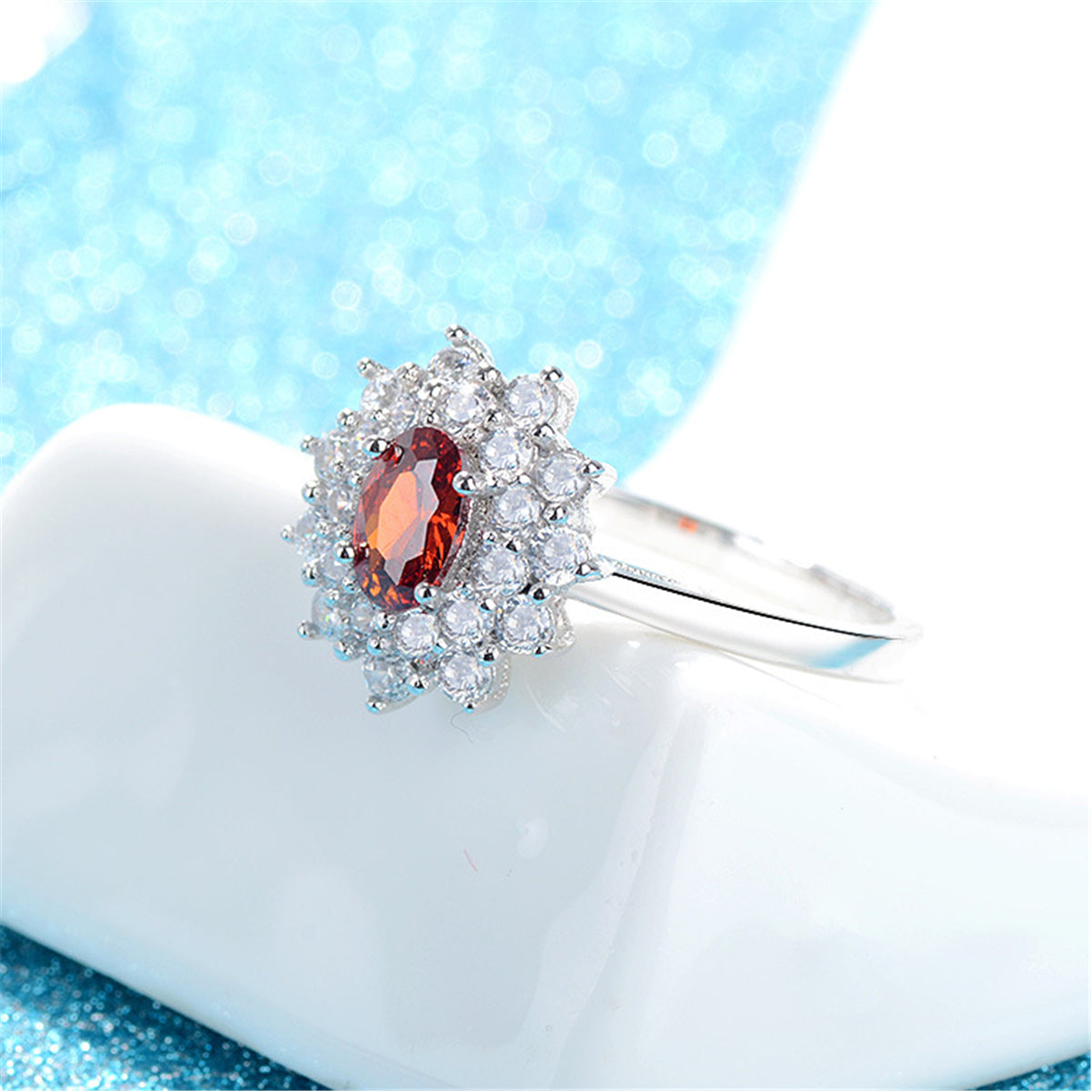 Red Crystal and Cubic Zirconia Floral Ring, statement rings for women, vintage-inspired design, side view