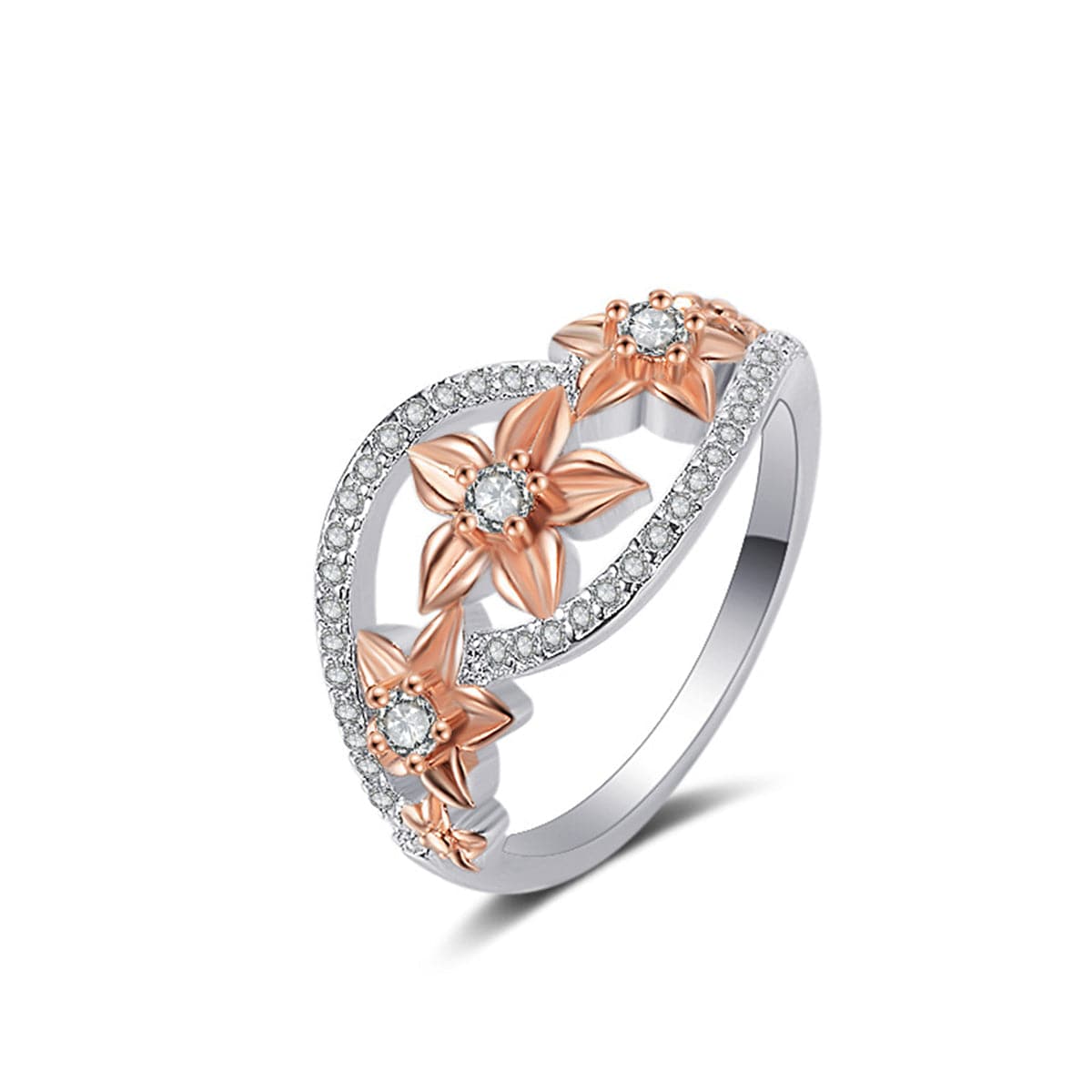 Crystal and Cubic Zirconia Link Floral Ring, statement rings for women, everyday style, front view
