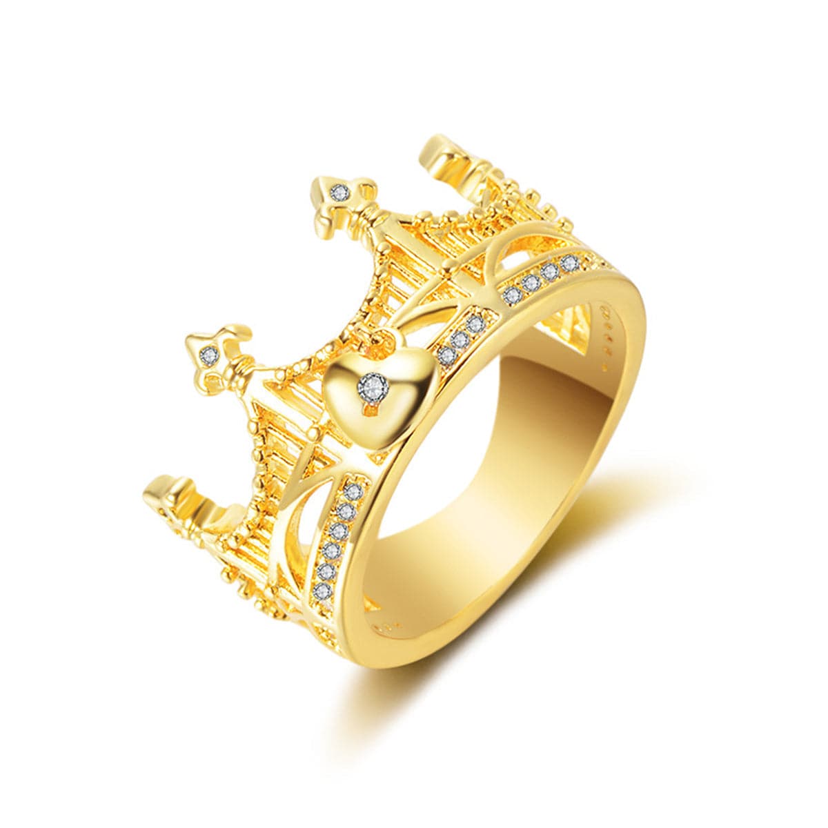Cubic Zirconia & 18K Gold-Plated Heart Charm Crown Ring