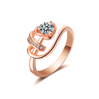 Clear Crystal and Cubic Zirconia Heart Rose Blossom Ring, statement rings for women, dainty minimalist design, front view