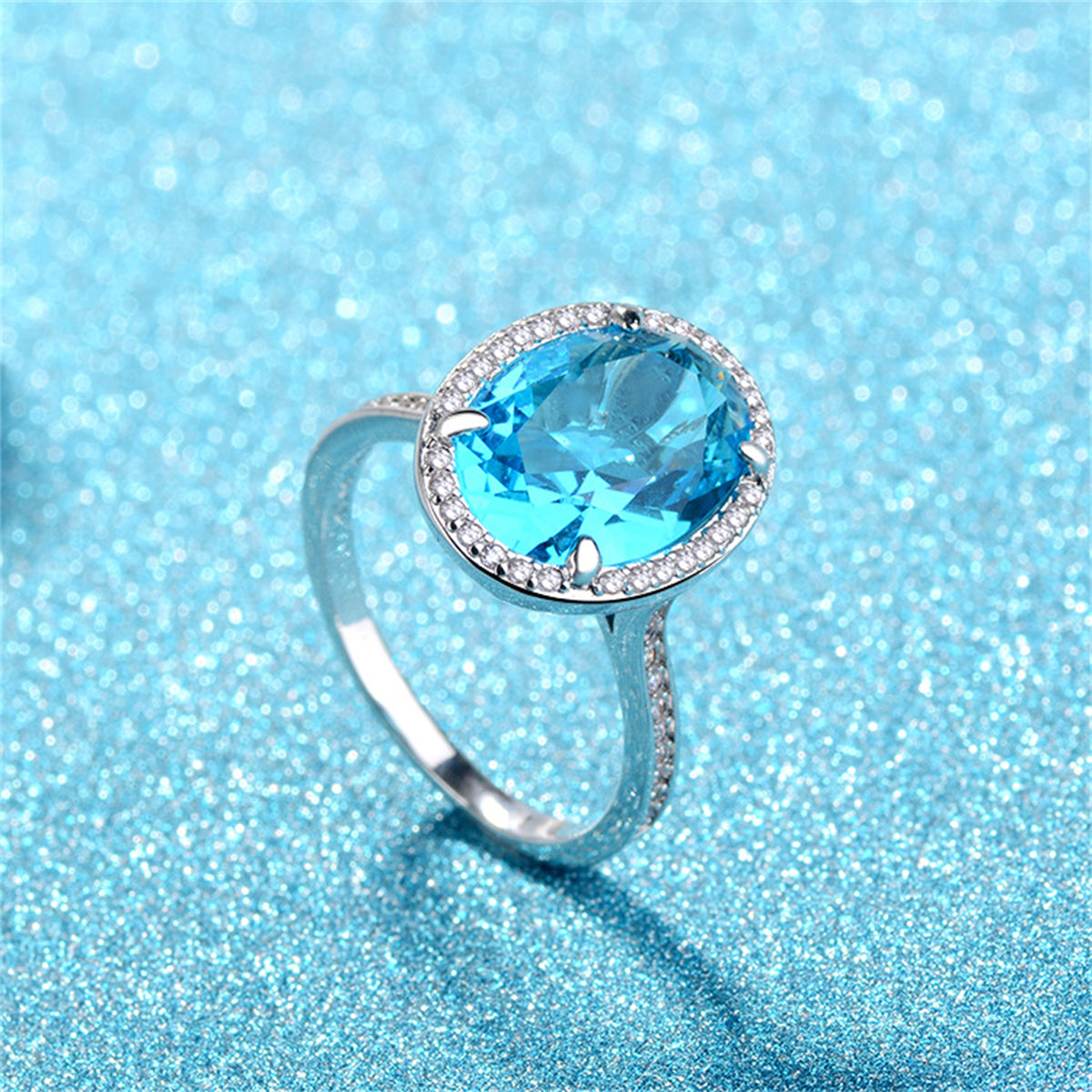 Sea Blue Crystal and Cubic Zirconia Oval-Cut Ring, statement rings for women, everyday style, front view
