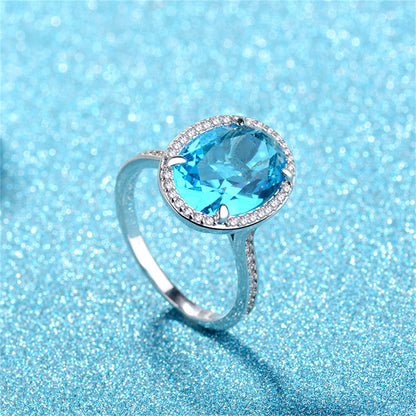Sea Blue Crystal and Cubic Zirconia Oval-Cut Ring, statement rings for women, everyday style, front view