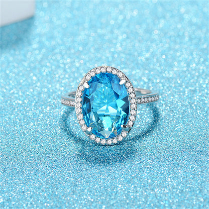 Sea Blue Crystal and Cubic Zirconia Oval-Cut Ring, statement rings for women, everyday style, detail close-up