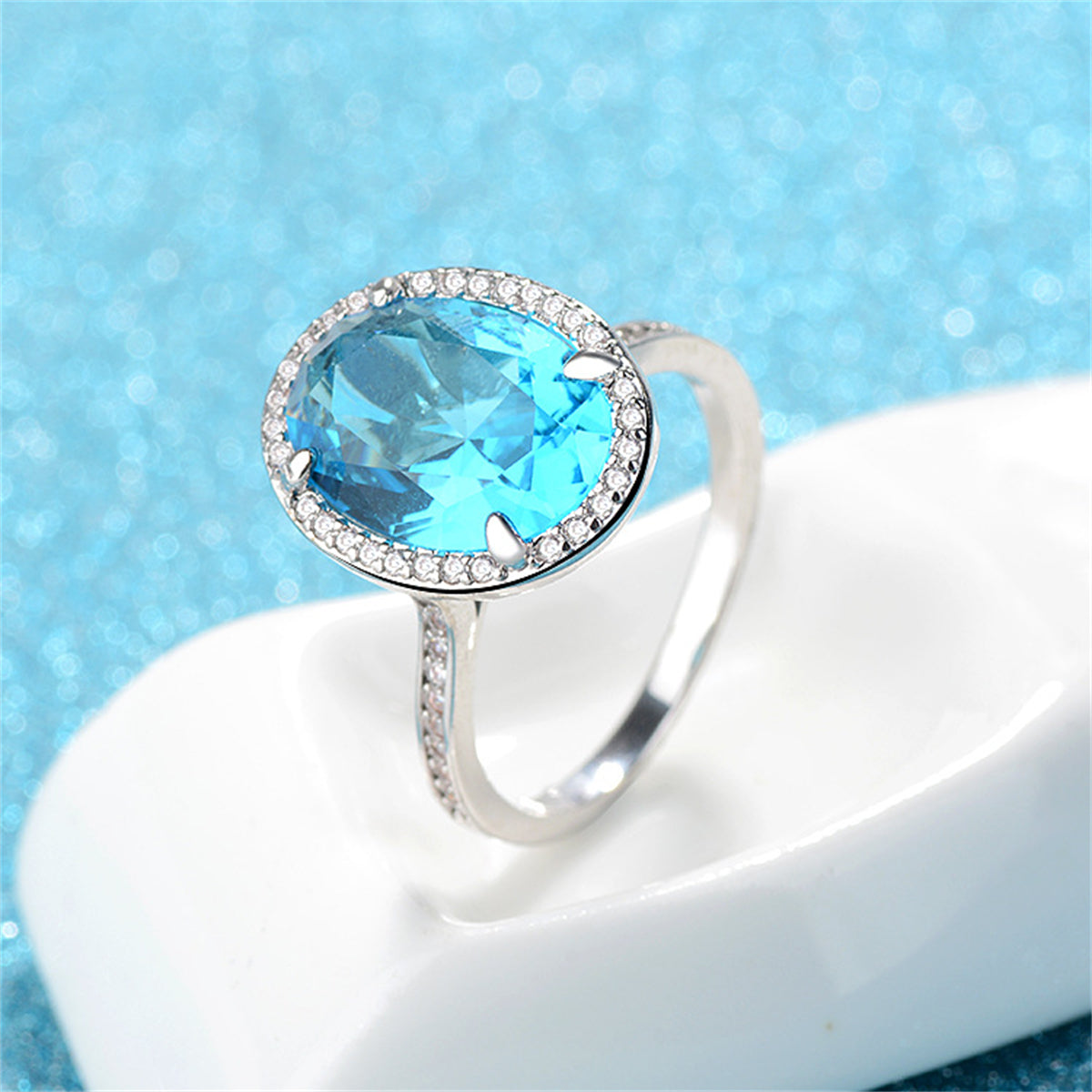 Sea Blue Crystal and Cubic Zirconia Oval-Cut Ring, statement rings for women, everyday style, lifestyle look