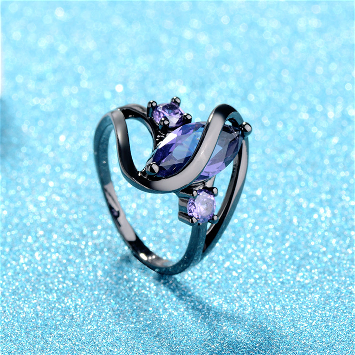 Purple Crystal and Silver-Plated Marquise-Cut Ring, silver statement rings for women, dainty minimalist design, front view