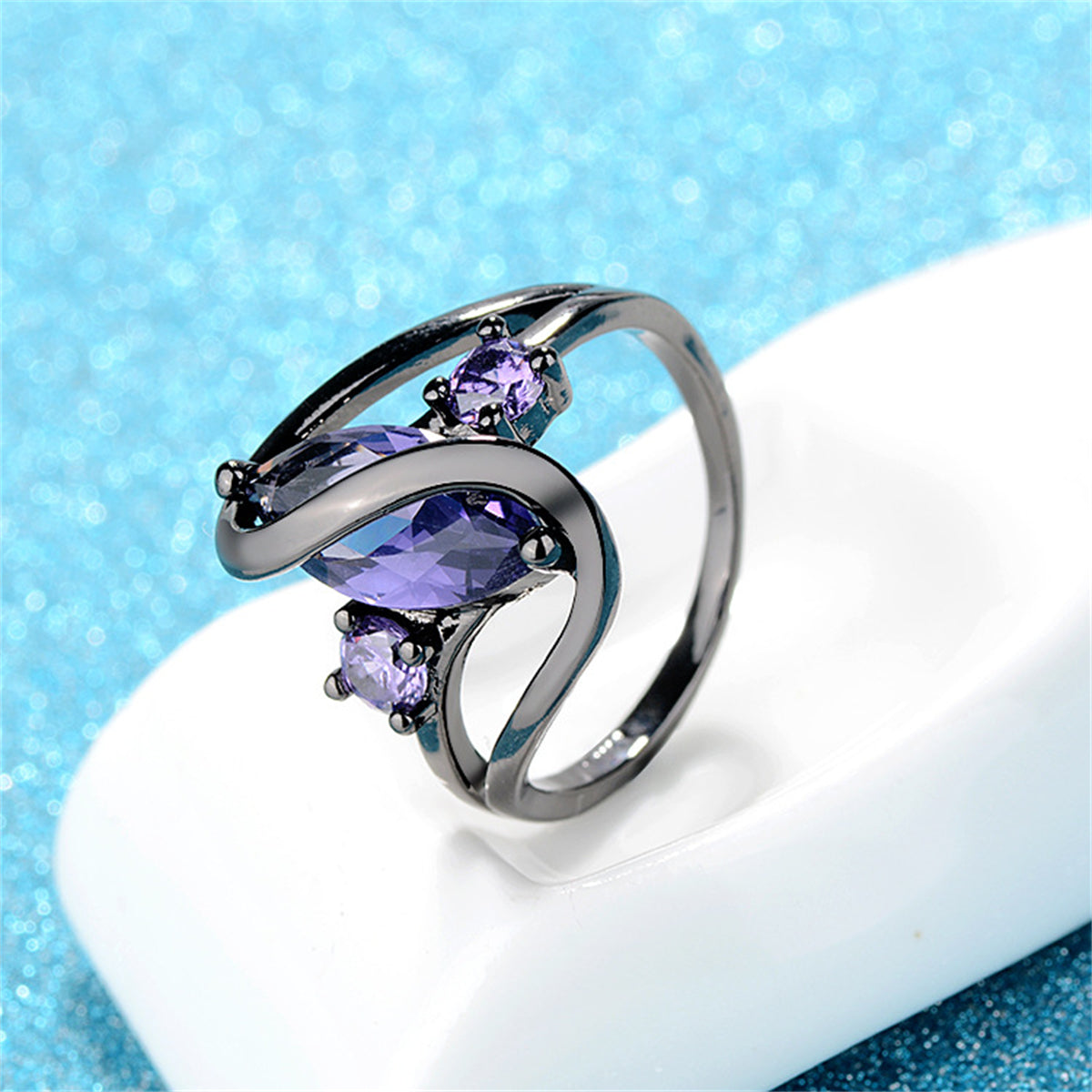 Purple Crystal and Silver-Plated Marquise-Cut Ring, silver statement rings for women, detail close-up