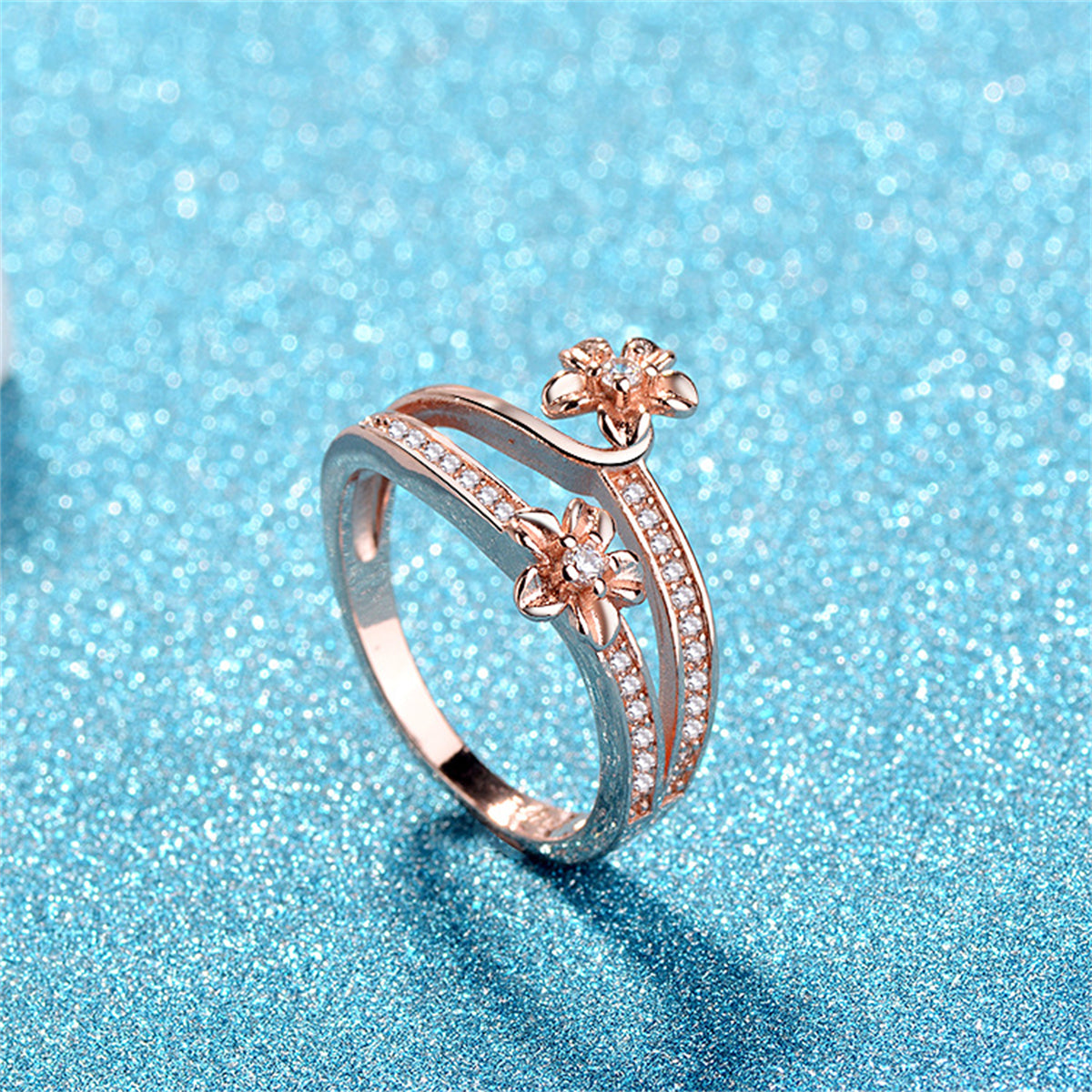 Clear Cubic Zirconia and 18K Rose Gold-Plated Flower Bypass Ring, rose gold statement rings for women, side view