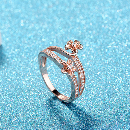 Clear Cubic Zirconia and 18K Rose Gold-Plated Flower Bypass Ring, rose gold statement rings for women, side view