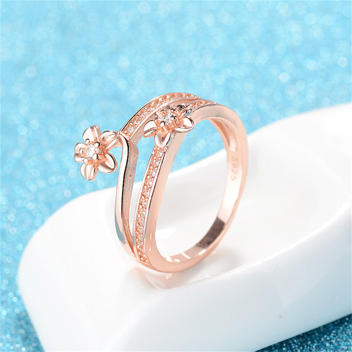 Clear Cubic Zirconia and 18K Rose Gold-Plated Flower Bypass Ring, rose gold statement rings for women, lifestyle look
