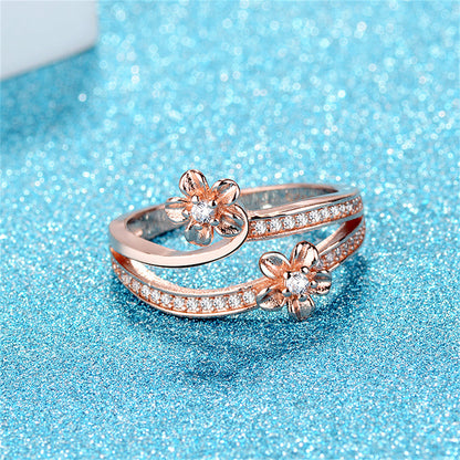 Clear Cubic Zirconia and 18K Rose Gold-Plated Flower Bypass Ring, rose gold statement rings for women, detail close-up