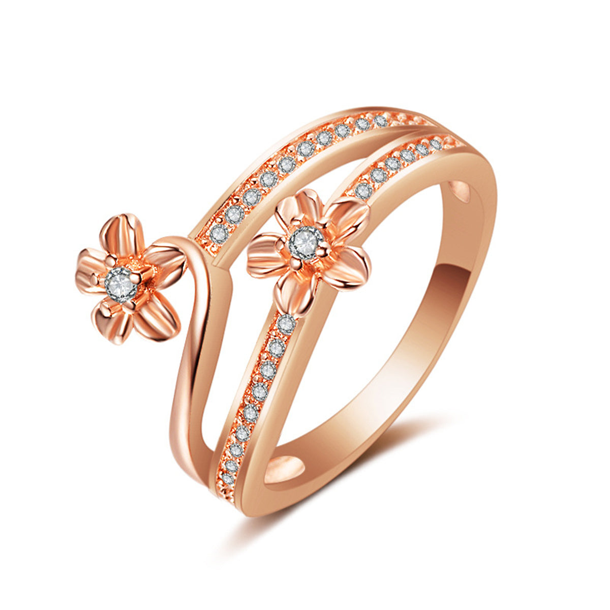 Clear Cubic Zirconia and 18K Rose Gold-Plated Flower Bypass Ring, rose gold statement rings for women, front view