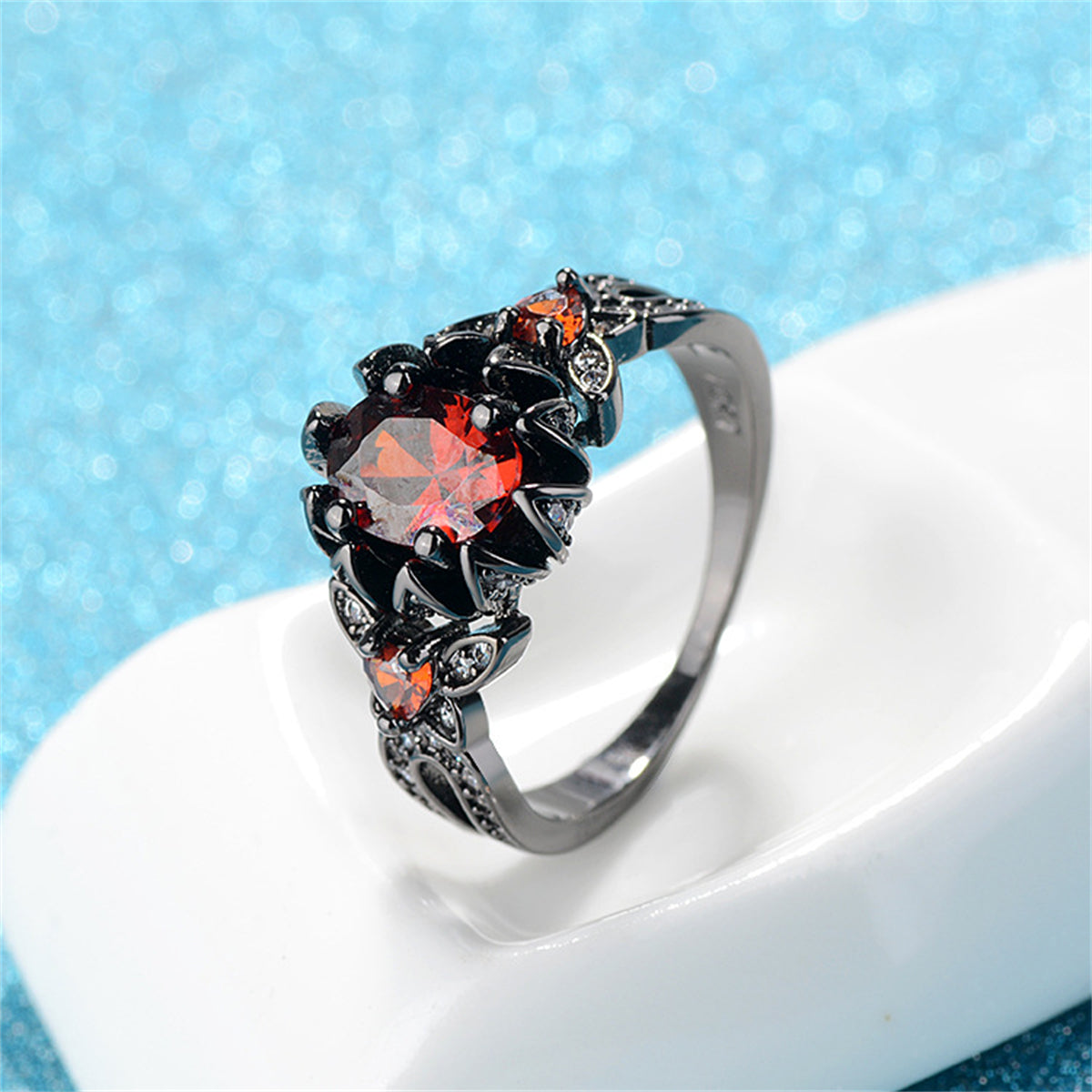 Red Crystal and Cubic Zirconia Flower Butterfly Ring, statement rings for women, dainty minimalist design, side view