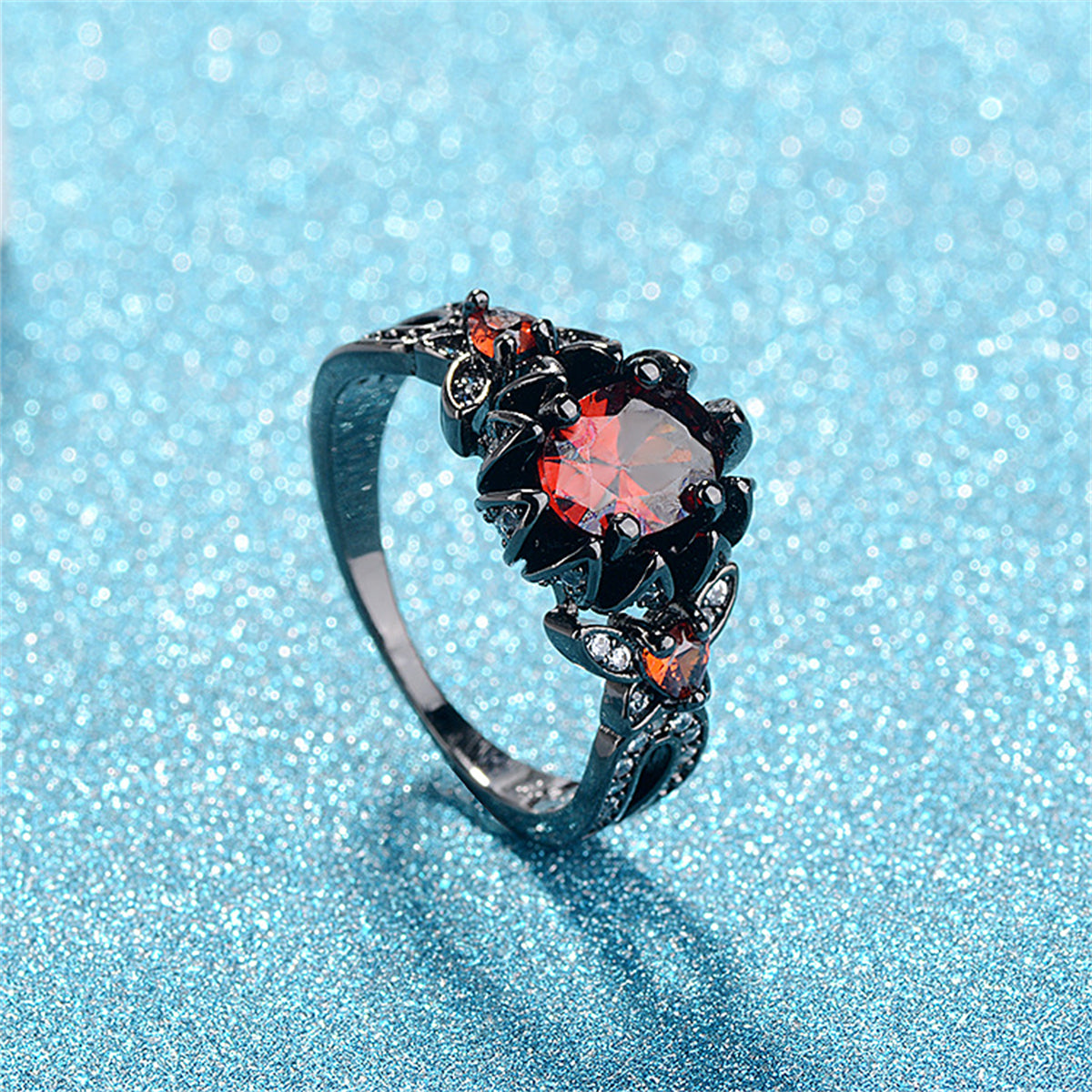 Red Crystal and Cubic Zirconia Flower Butterfly Ring, statement rings for women, dainty minimalist design, detail close-up