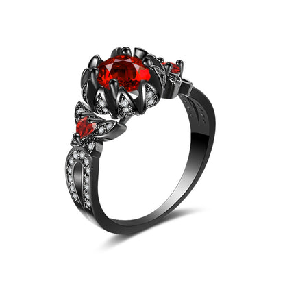 Red Crystal and Cubic Zirconia Flower Butterfly Ring, statement rings for women, dainty minimalist design, front view