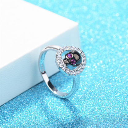 Cubic Zirconia and Silver-Plated Skull Hola Ring, silver statement rings for women, vintage-inspired design, front view