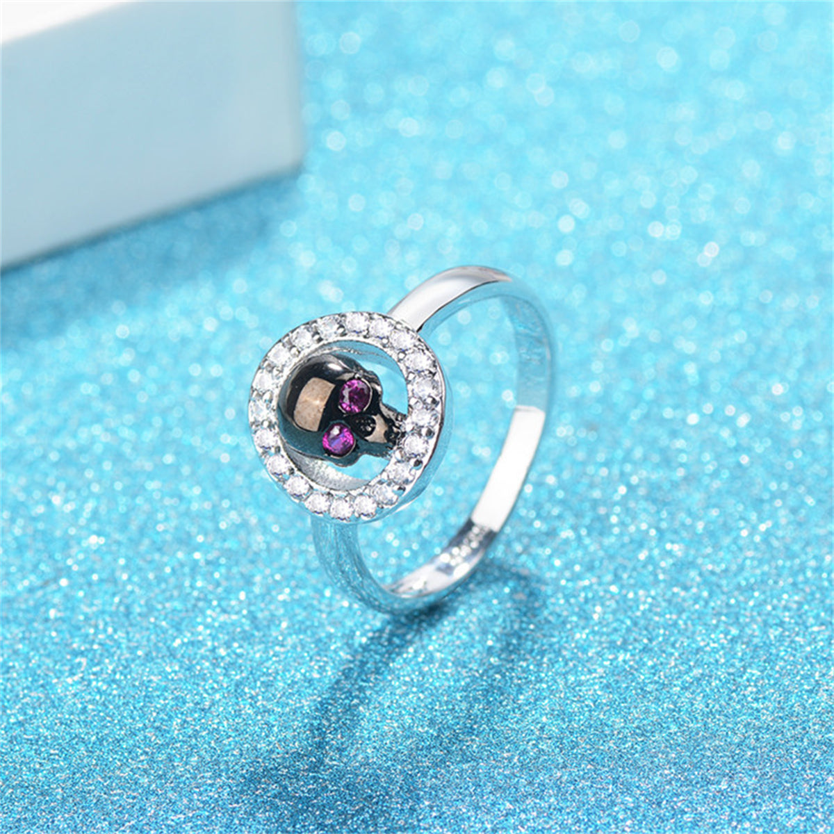Cubic Zirconia and Silver-Plated Skull Hola Ring, silver statement rings for women, vintage-inspired design, detail close-up
