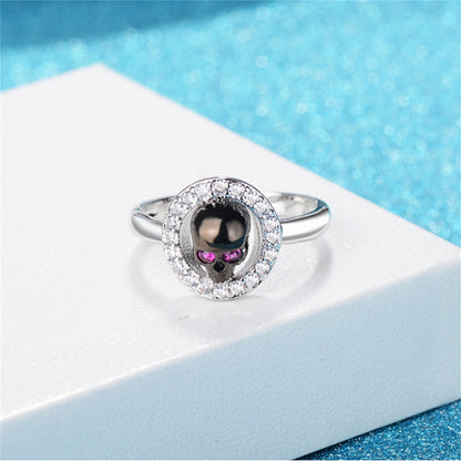 Cubic Zirconia and Silver-Plated Skull Hola Ring, silver statement rings for women, vintage-inspired design, lifestyle look
