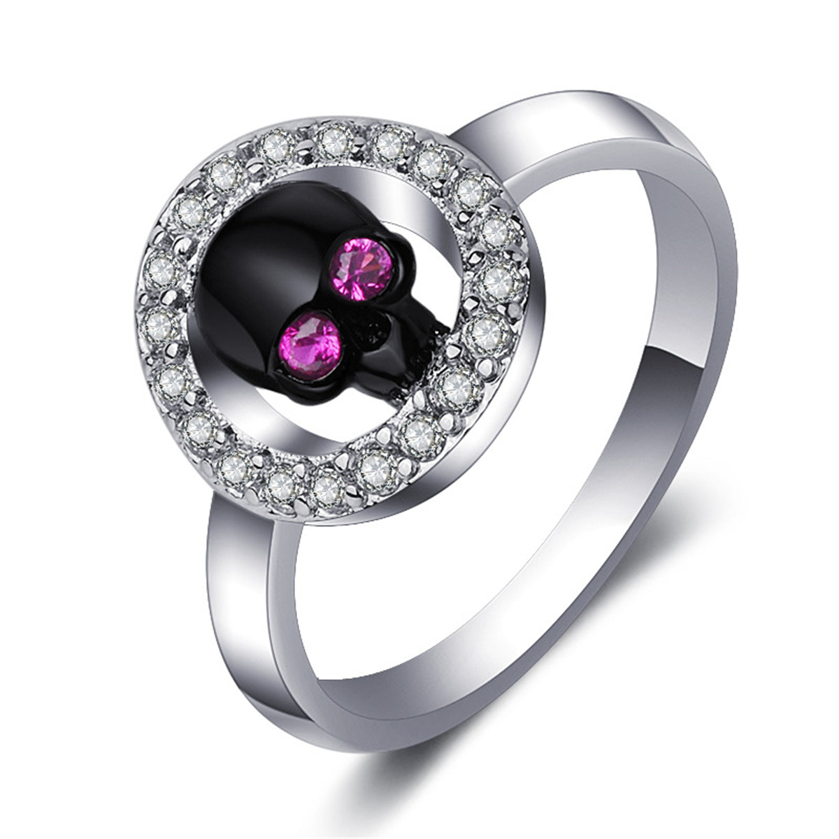 Cubic Zirconia and Silver-Plated Skull Hola Ring, silver statement rings for women, vintage-inspired design, side view