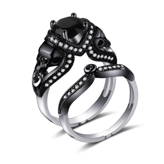 Black Crystal and Cubic Zirconia Skull Ring Set, jewelry gift sets for women, botanical inspired, front view