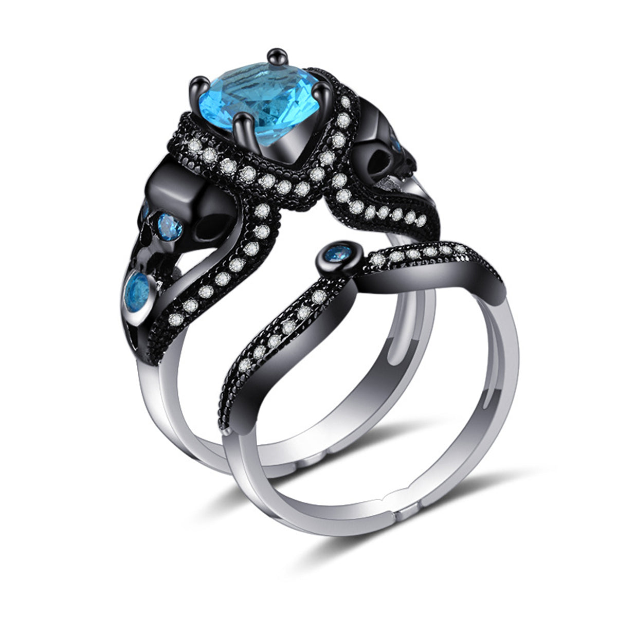 Blue Crystal and Cubic Zirconia Skull Heart Ring Set, jewelry gift sets for women, everyday style, front view