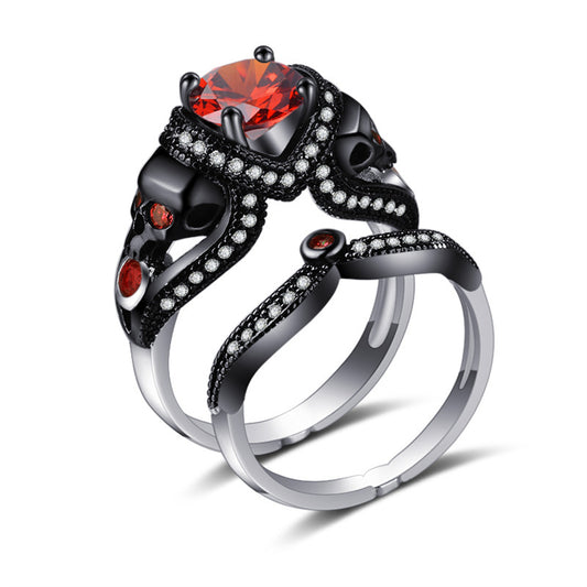Red Crystal and Cubic Zirconia Skull Ring Set, jewelry gift sets for women, vintage-inspired design, front view