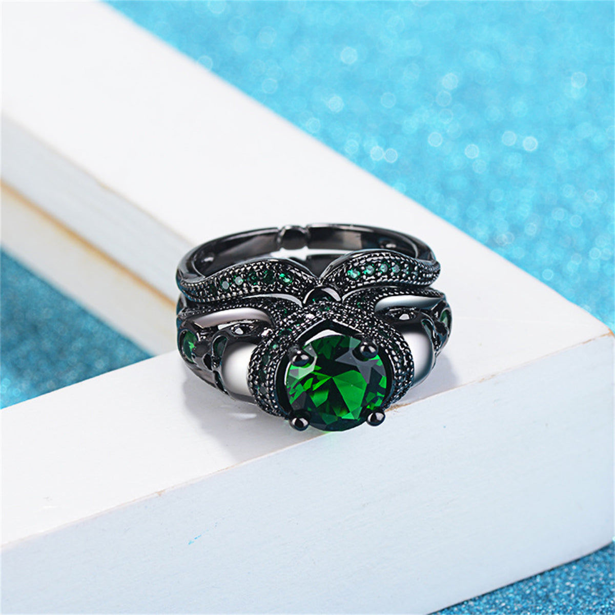 Green Crystal and Cubic Zirconia Skull Heart Ring Set, jewelry gift sets for women, botanical inspired, styled look