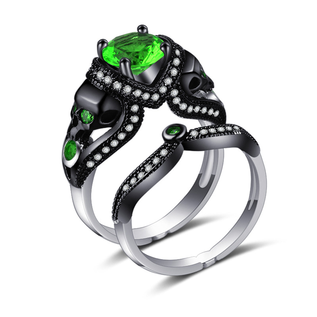 Green Crystal & Cubic Zirconia Skull Heart Ring Set