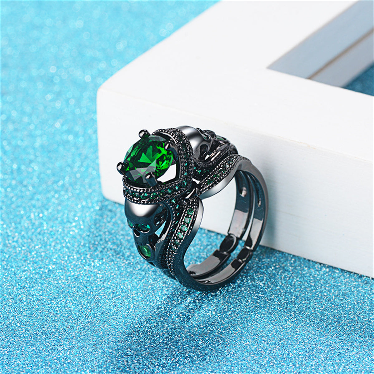 Green Crystal & Cubic Zirconia Skull Heart Ring Set