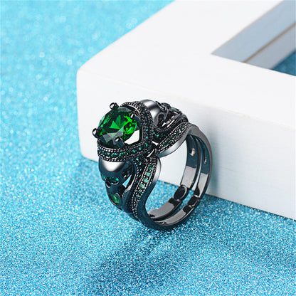 Green Crystal and Cubic Zirconia Skull Heart Ring Set, jewelry gift sets for women, botanical inspired, detail close-up